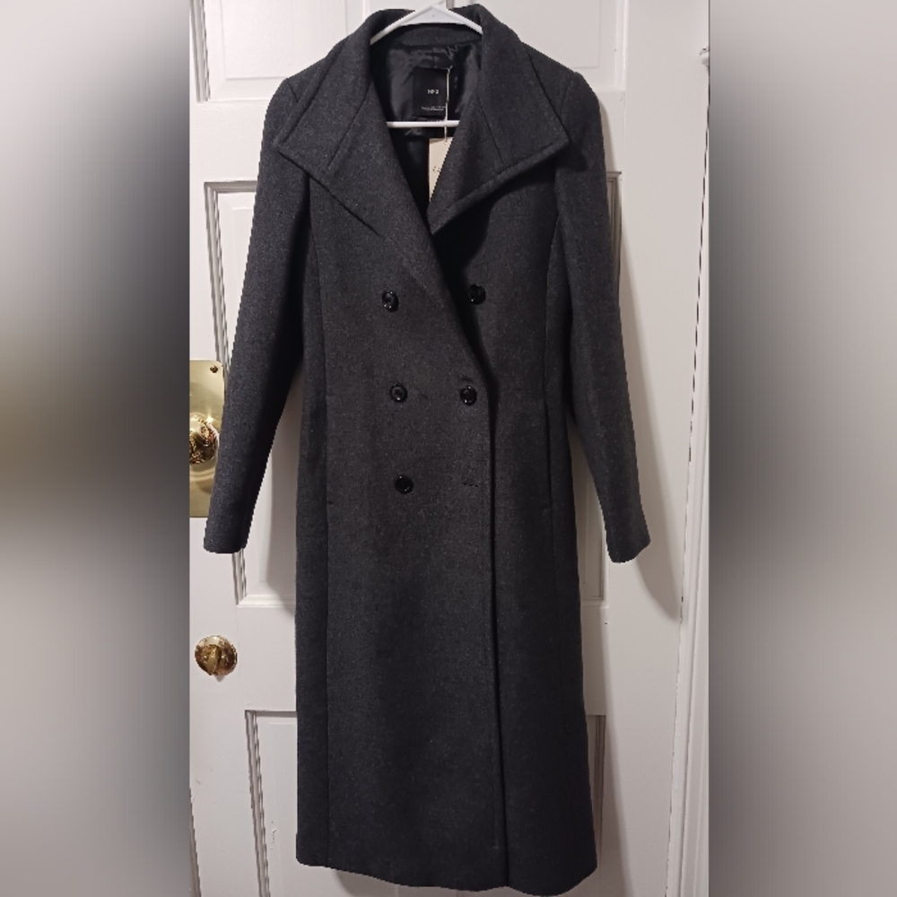 MNG Mango *Committed* Belted Double Breasted Wool Coat, Drk Gray Sz XXS NWT
